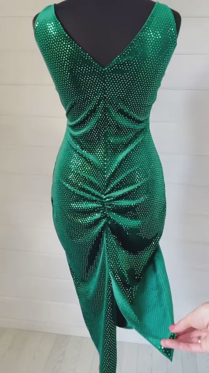 Emerald green velvet tango dress with deep V-neckline