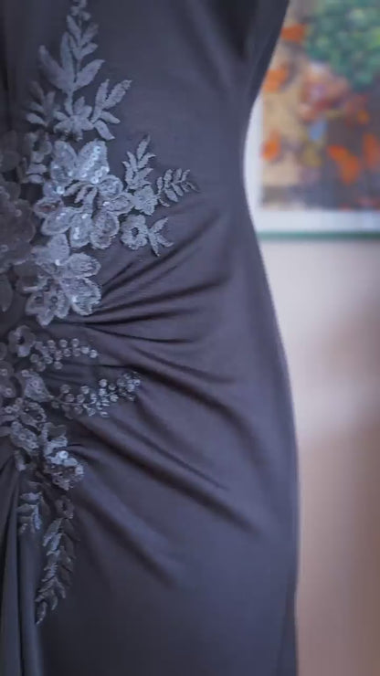 Black Tango Dress with Drapery and Shimmer Embroidery (L/XL)