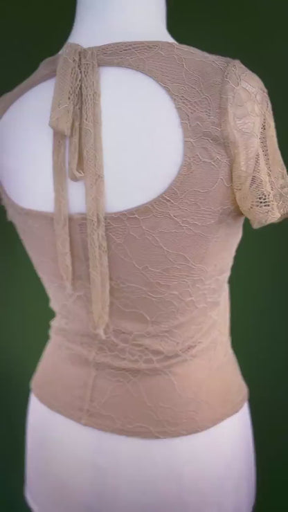 Romantic lace tango top with open back and ribbon tie