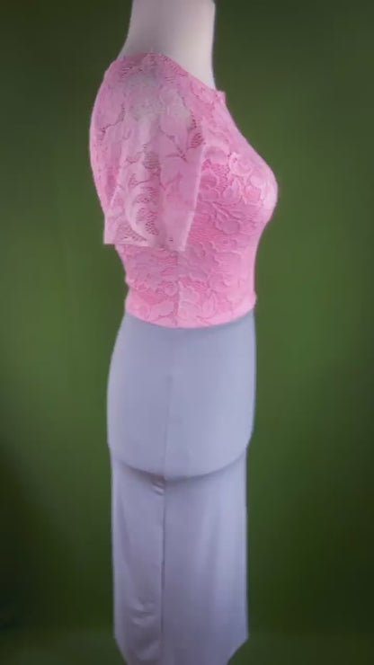 Tango dress with pink lace bodice and gray knit skirt