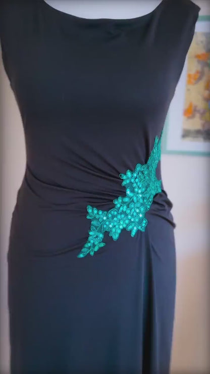 Black Tango Dress with Green Embroidery and Contrast Lining
