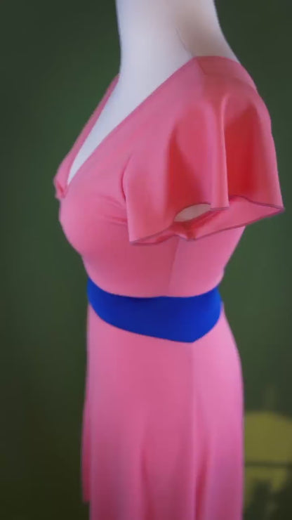 Coral tango dress with flutter sleeves and blue waistband